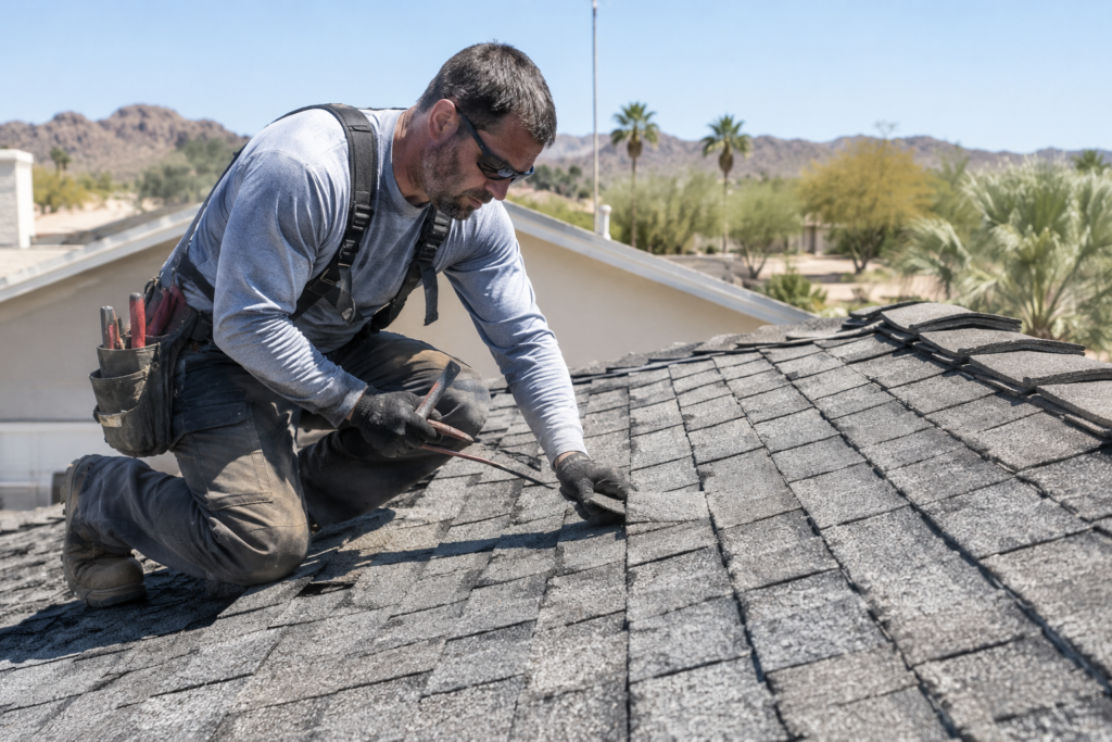 worn asphalt shingles showing sun damage on Mesa AZ roof